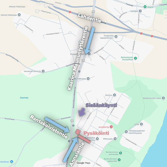 Ajo-ohje: Lahdentie, Birgitta Maununtyttärentie, Rantakoivistontie, Annalantie 1 (Google Maps)